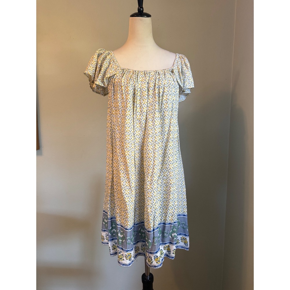 Yellow Blue Floral mini Dress Flutter Sleeve M New cottage resot boho dainty y2k